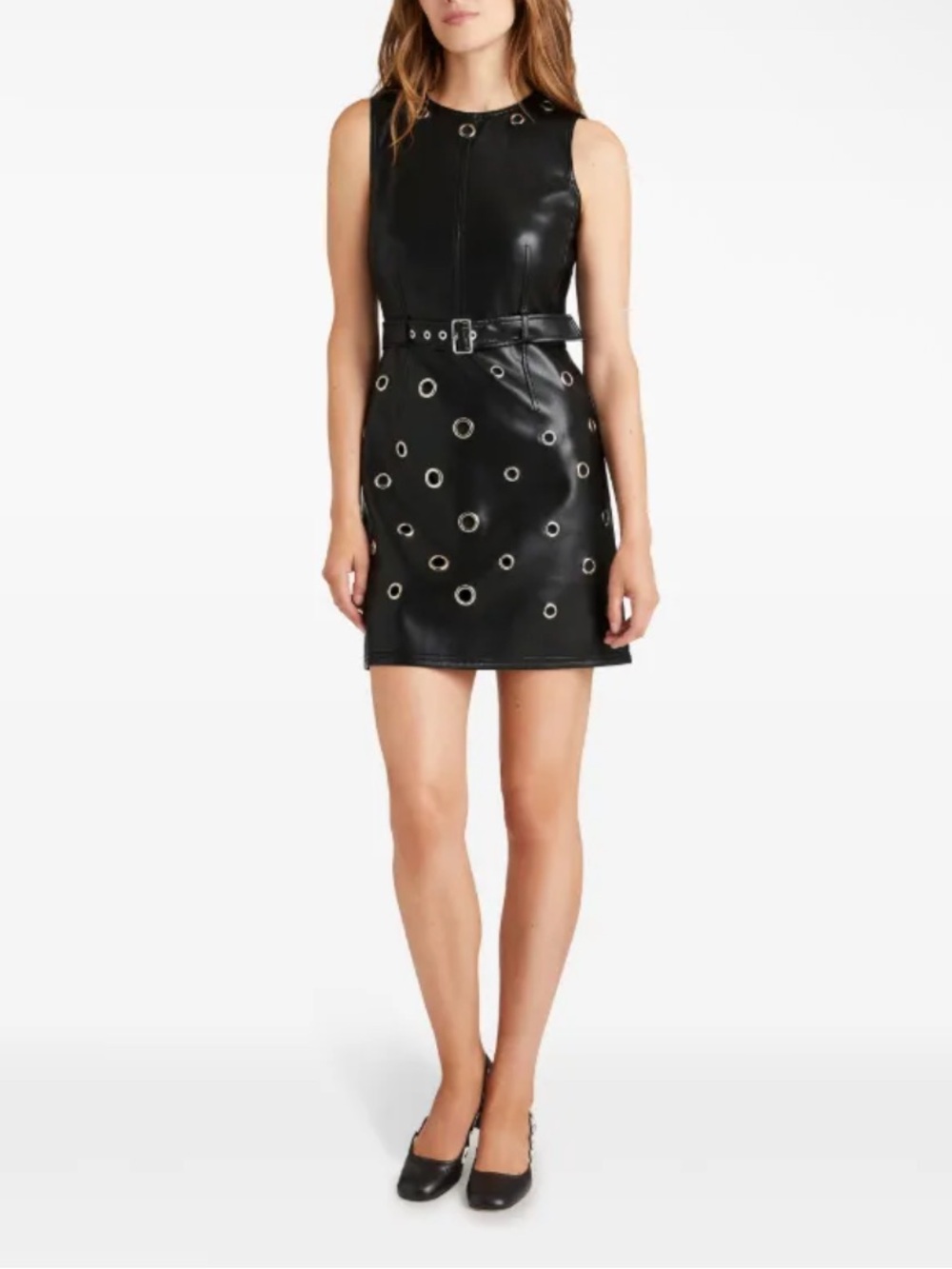 Cinq A Sept Harriet Faux Leather Grommet Metal Belted Sleeveless Mini Dress US 6